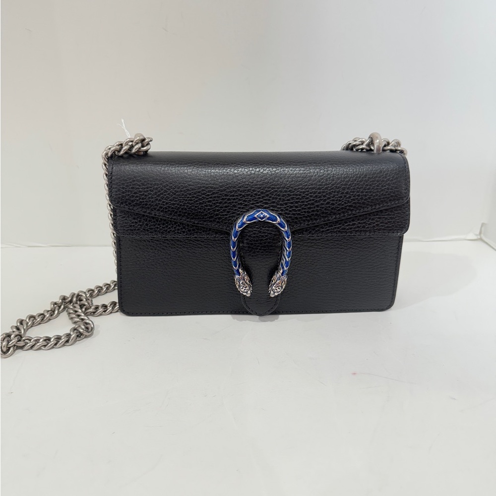 Dollar Calfskin Enamel Small Dionysus Shoulder Bag Black Electric Blue NEW